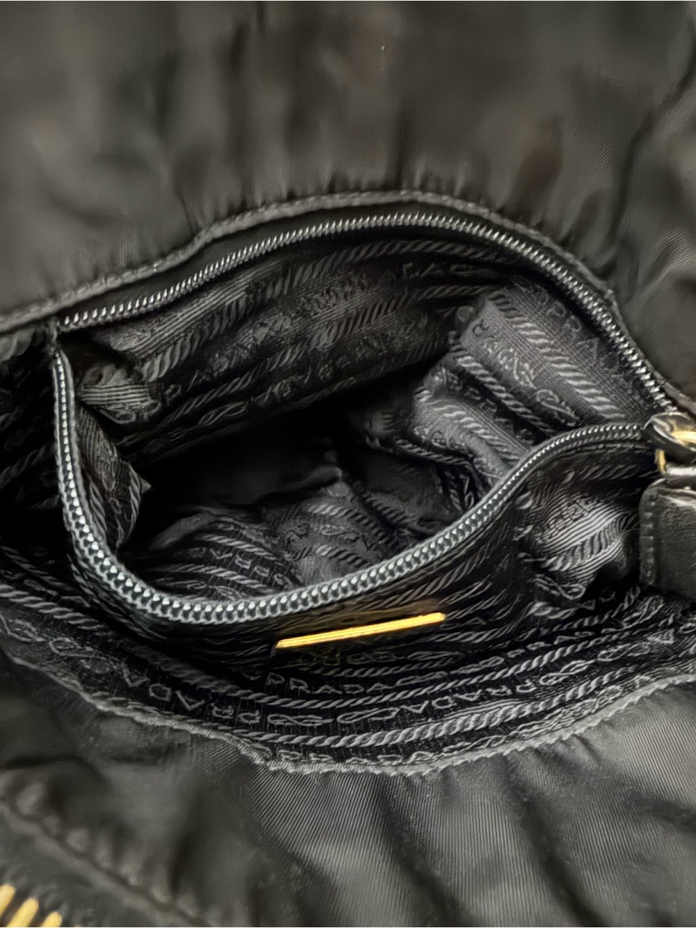 PRADA Black Leather Shoulder Bag w/Leather & Gold Chain Straps & 3 Large Pockets - Picture 9 of 13